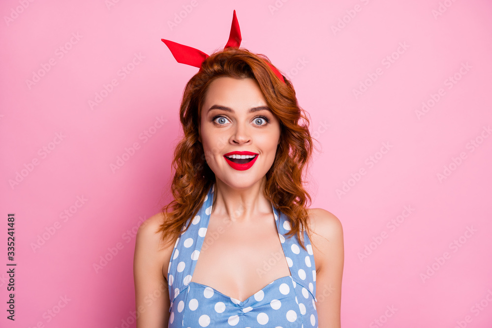 Close up photo of dreamy nice astonished woman hear incredible information black friday bargain scream wow omg wear blue polka-dot clothes isolated over pink color background Close up photo of dreamy nice astonished woman hear incredible information black friday bargain scream wow omg wear blue polka-dot clothes isolated over pink color background