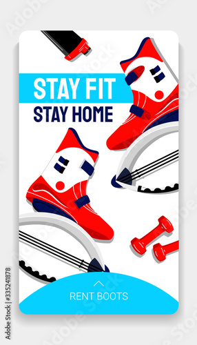 Kangoo jump boots rent advertisement story template. Bounce shoes for high intensity interval training HIIT and dance at home. Cardio fitness and weight loss workout. Stay home stay fit.