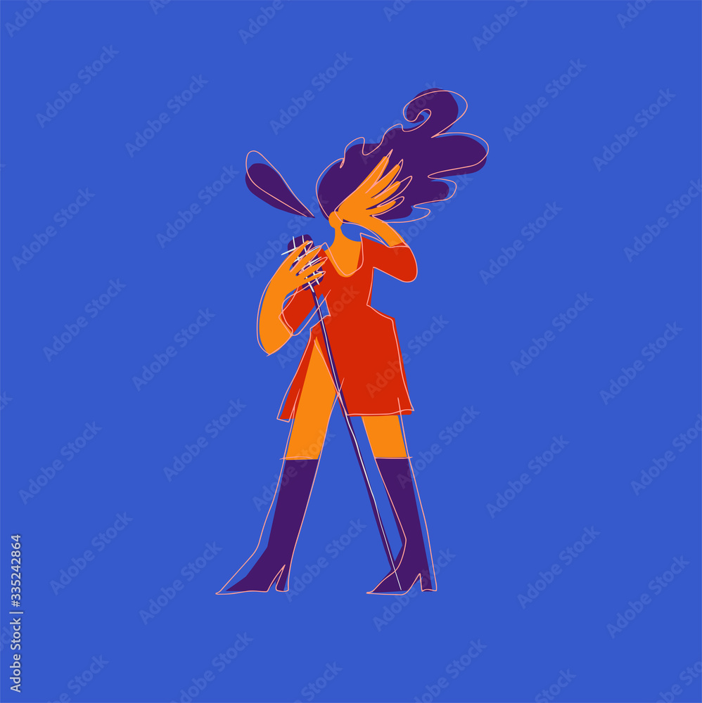 Professional jazz singer, vocalist or songstress wearing elegant red evening dress and holding microphone stand. Female cartoon character isolated on blue background. Vector illustration. Professional jazz singer, vocalist or songstress wearing elegant red evening dress and holding microphone stand. Female cartoon character isolated on blue background. Vector illustration.