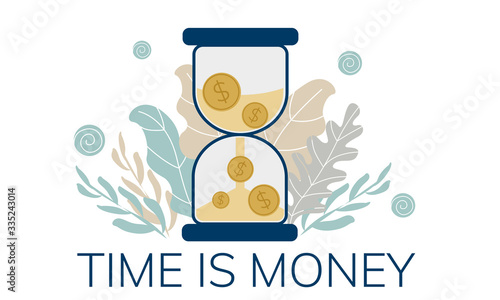  Simple, flat illustration of an hourglass and coins. The concept of time is money. 