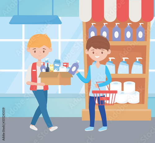 young men with box and basket in the supermarket excess purchase