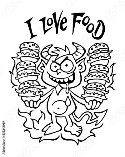 Fotografie Devil gourmet and eater with hands full of hamburgers and saliva on his lip, I l