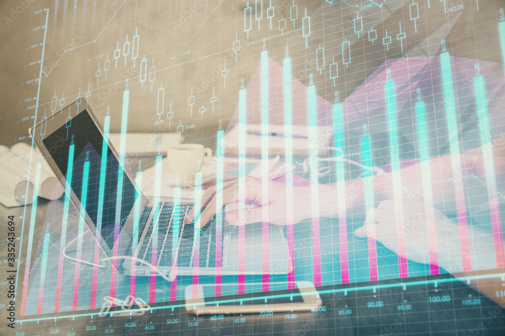 Double exposure of forex chart with man working on computer on background. Concept of market analysis. Double exposure of forex chart with man working on computer on background. Concept of market analysis.