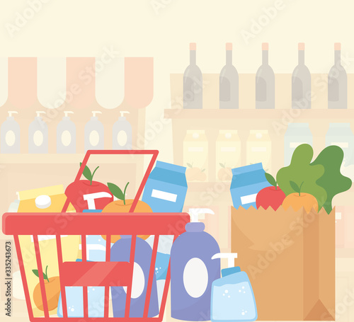 shopping basket and paper bag full food supermarket excess purchase