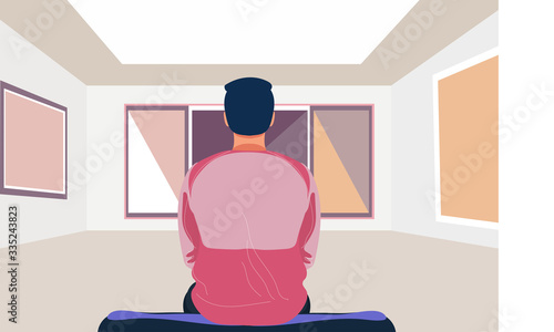 Exhibition visitor viewing paintings at art gallery. Man in the museum sits on a bench. Creative artworks for exhibition. Vector stock illustration in flat cartoon style. Delicate and vibrant colors.