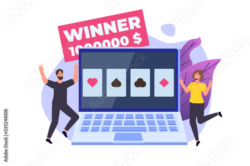 Flat lottery or Bingo, Gambling business concept. Tiny winer persons. Vector illustration.