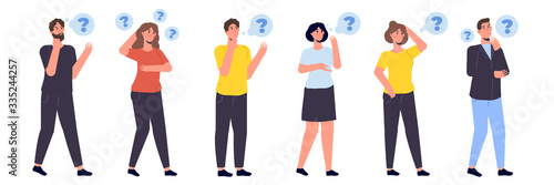 Group of  Thoughtful people. Men and women solving problem. Vector illustration.