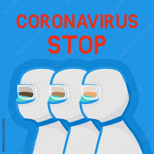 Doctors in protective suits on blue background