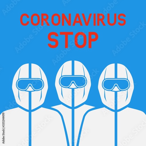 Doctors in protective suits on blue background