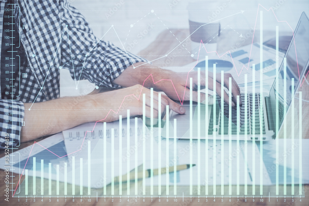 Multi exposure of stock market chart with man working on computer on background. Concept of financial analysis. Multi exposure of stock market chart with man working on computer on background. Concept of financial analysis.