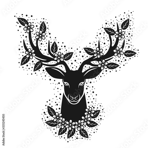 Deer head silhouette in blooming flowers. Design for t-shirt