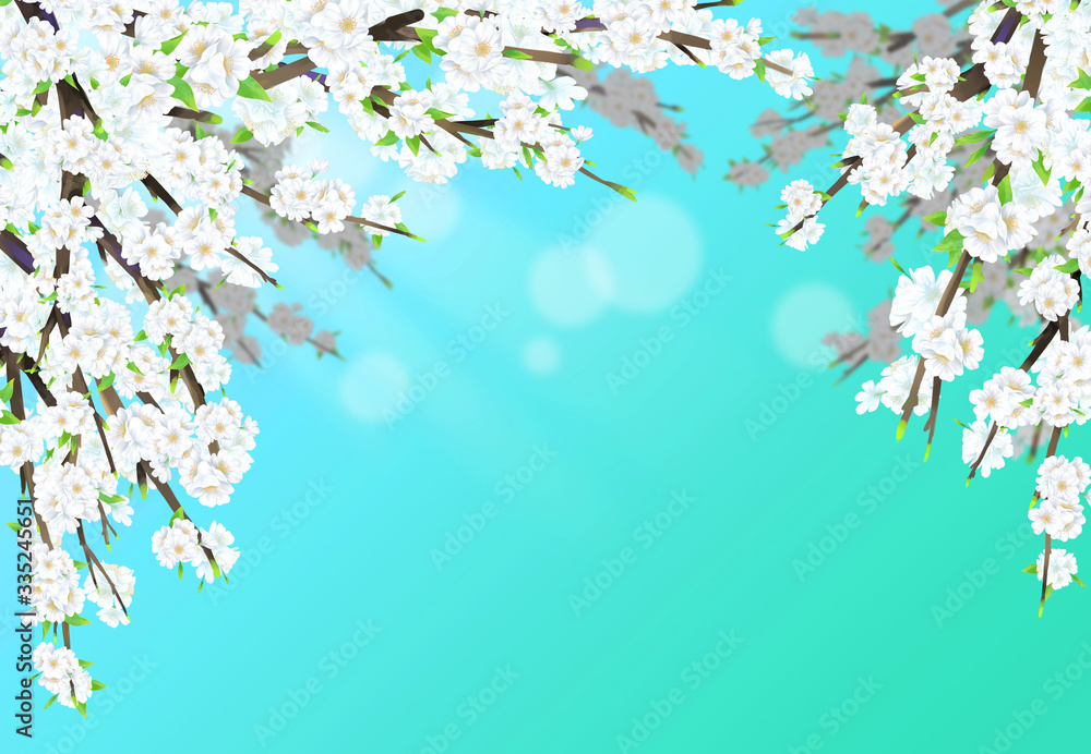 Cherry blossom illustration in full bloom against a blue sky. Cherry blossom illustration in full bloom against a blue sky.