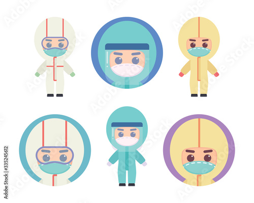 Set of cute medical staff character design and avatar. Medical staff in the coverall suit and wear a face shield on white background. Flat vector cartoon illustration.