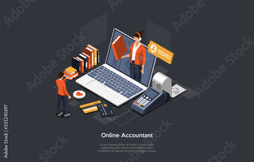 Isometric Online Accountant Concept. Woman Accountant Is Preparing A Tax Report And Calculating Payment Check Basing On Data. Legal Service Online Invoice Accountant Declaration. Vector Illustration