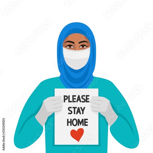 Doctor muslim woman with sign Please stay home