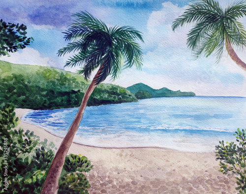 Watercolor tropical beach with coconut palm trees