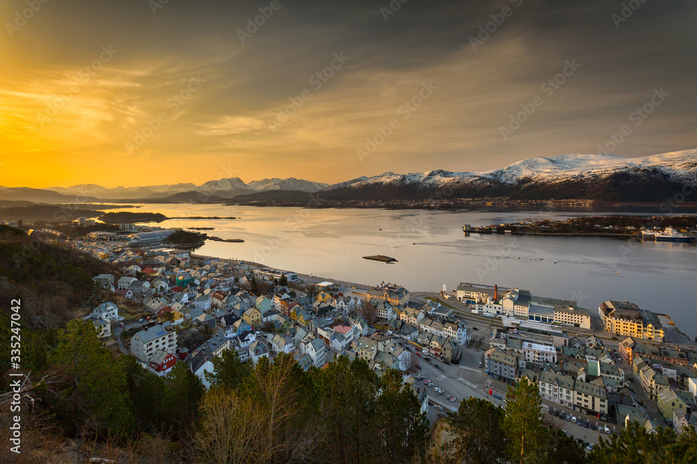 Scenery of Alesund city over Norwegian Sea with beautiful sunrise, Norway