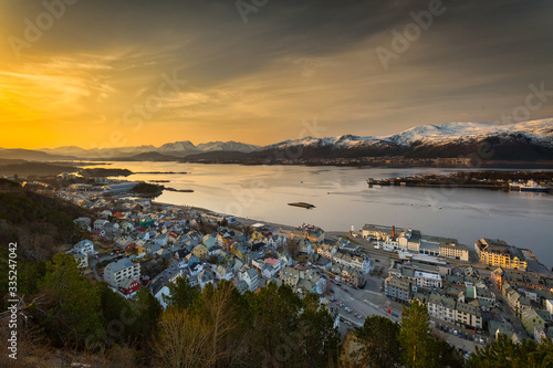 Scenery of Alesund city over Norwegian Sea with beautiful sunrise, Norway