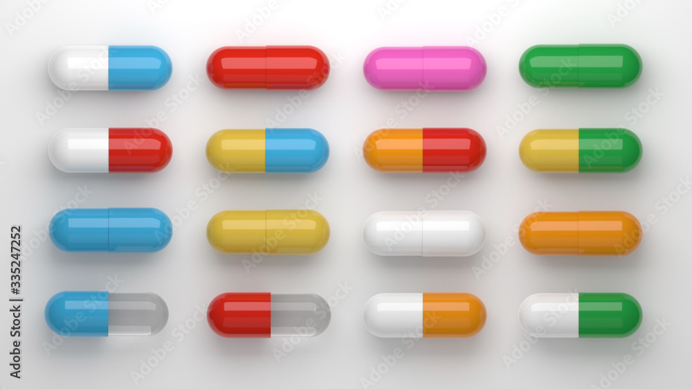 Set of pills and color capsules isolated. 3D rendering