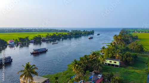Aerial View of Traditional Indian houseboat near Alleppey on Kerala backwaters
