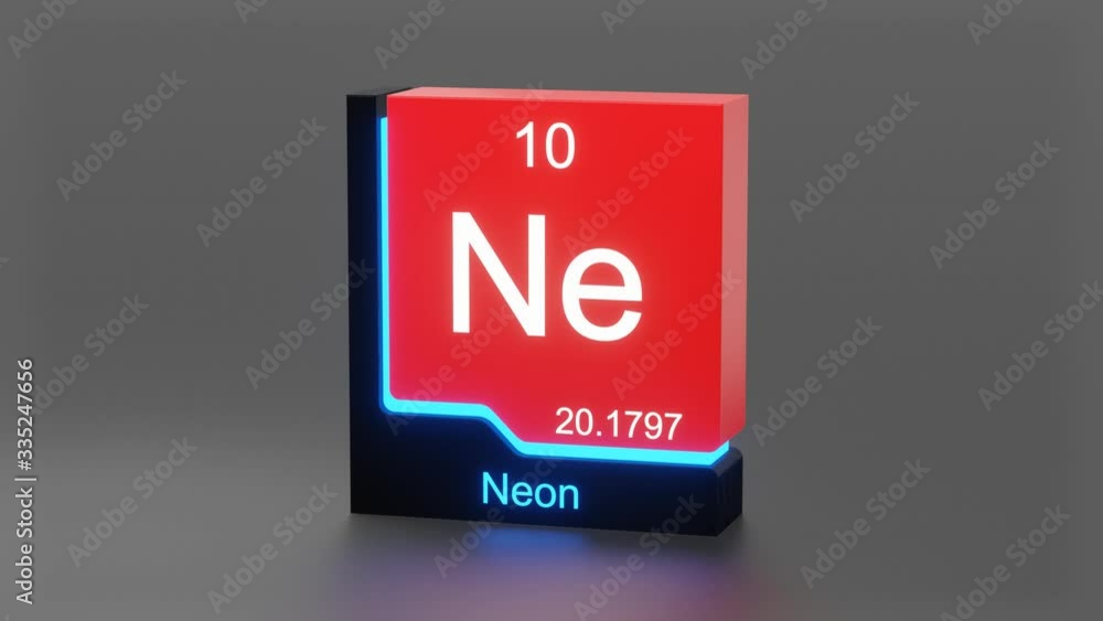 Neon, periodic table element 3D animation, modern educational red icon with blue neon light Neon, periodic table element 3D animation, modern educational red icon with blue neon light
