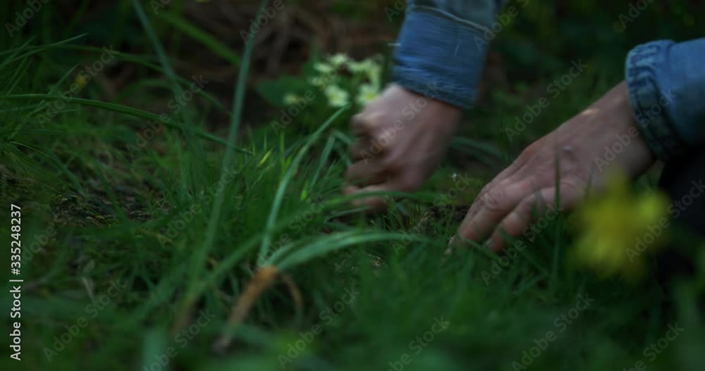 Young woman sitting on lawn preparing soil for planting flower Young woman sitting on lawn preparing soil for planting flower