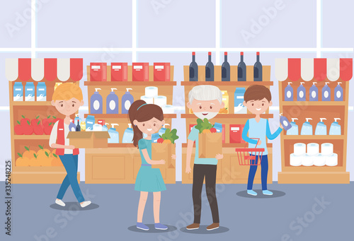 people in supermarket shelves with food cleanliness products excess purchase