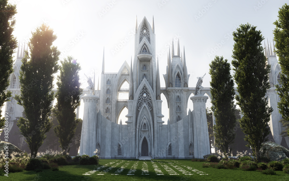 Fototapeta premium Medieval Fantasy Castle/Cathedral hidden in forest, Front View, Architecture Illustration, 3D Rendering