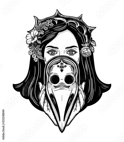 Beautiful woman in a crown of thorns, holding a plague doctor mask -medieval gothic tattoo style.Symbol of unity, solidarity and support in a health crisis. Isolated vector illustration.