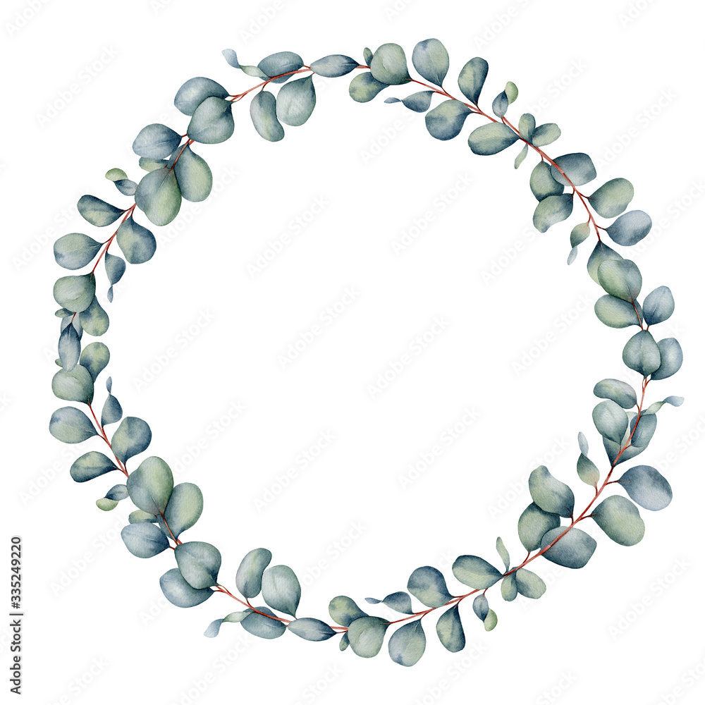 Fototapeta premium Watercolor illustration eucalyptus wreath on an isolated white background. Hand-painted eucalyptus ornament.