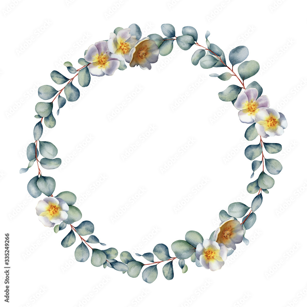 Watercolor illustration eucalyptus wreath with white flowers on an ...