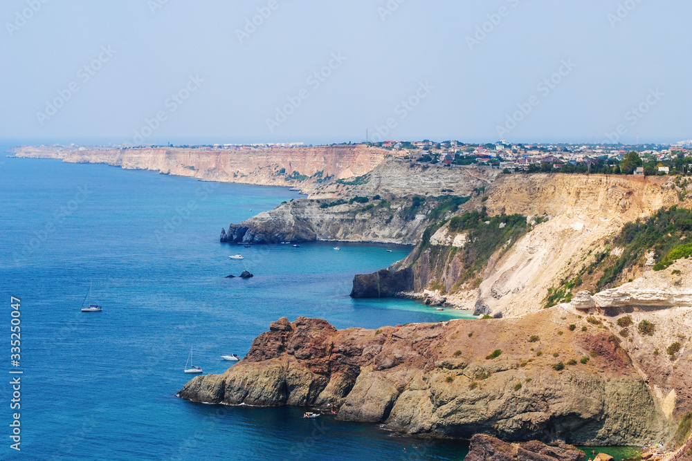 
Cape Fiolent in Sevastopol, Diana's grotto, Crimea, Russia. Black Sea in Crimea, Sevastopol. View of Cape Fiolent from an observation deck.