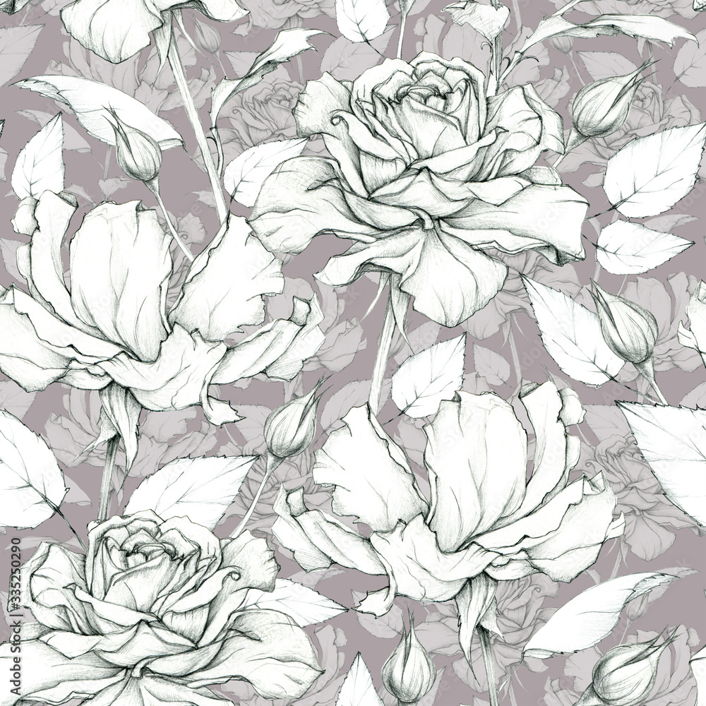 Fototapeta Seamless graphic pattern of beautiful roses. Pensil drawing. Vintage floral background.