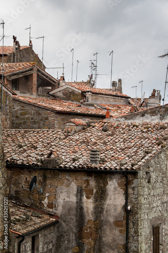 Tiled roofs of old houses against the gray sky