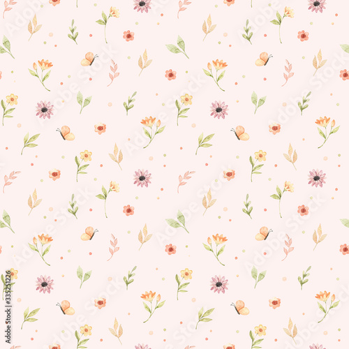 Сhildren's watercolor seamless pattern. Floral and colorful polka dot background. Design of flowers, leaves, circles and butterfly. Perfect for textile, fabric, wrapping paper, linens, wallpaper etc