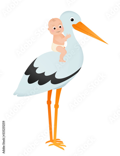 Cute cartoon stork with baby. Bird carrying a newborn kid isolated on white.