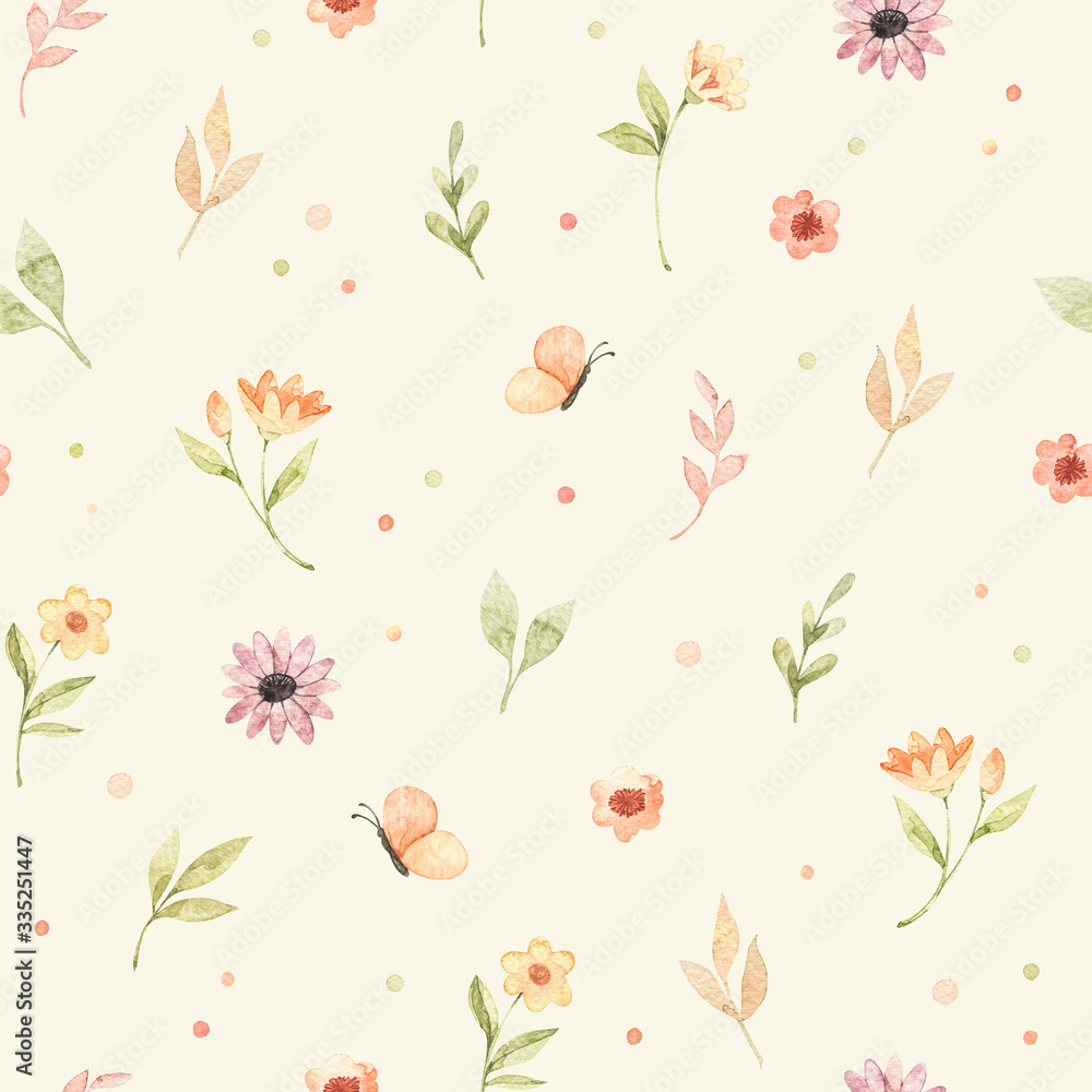 Сhildren's watercolor seamless pattern. Floral and colorful polka dot background. Design of flowers, leaves, circles and butterfly. Perfect for textile, fabric, wrapping paper, linens, wallpaper etc