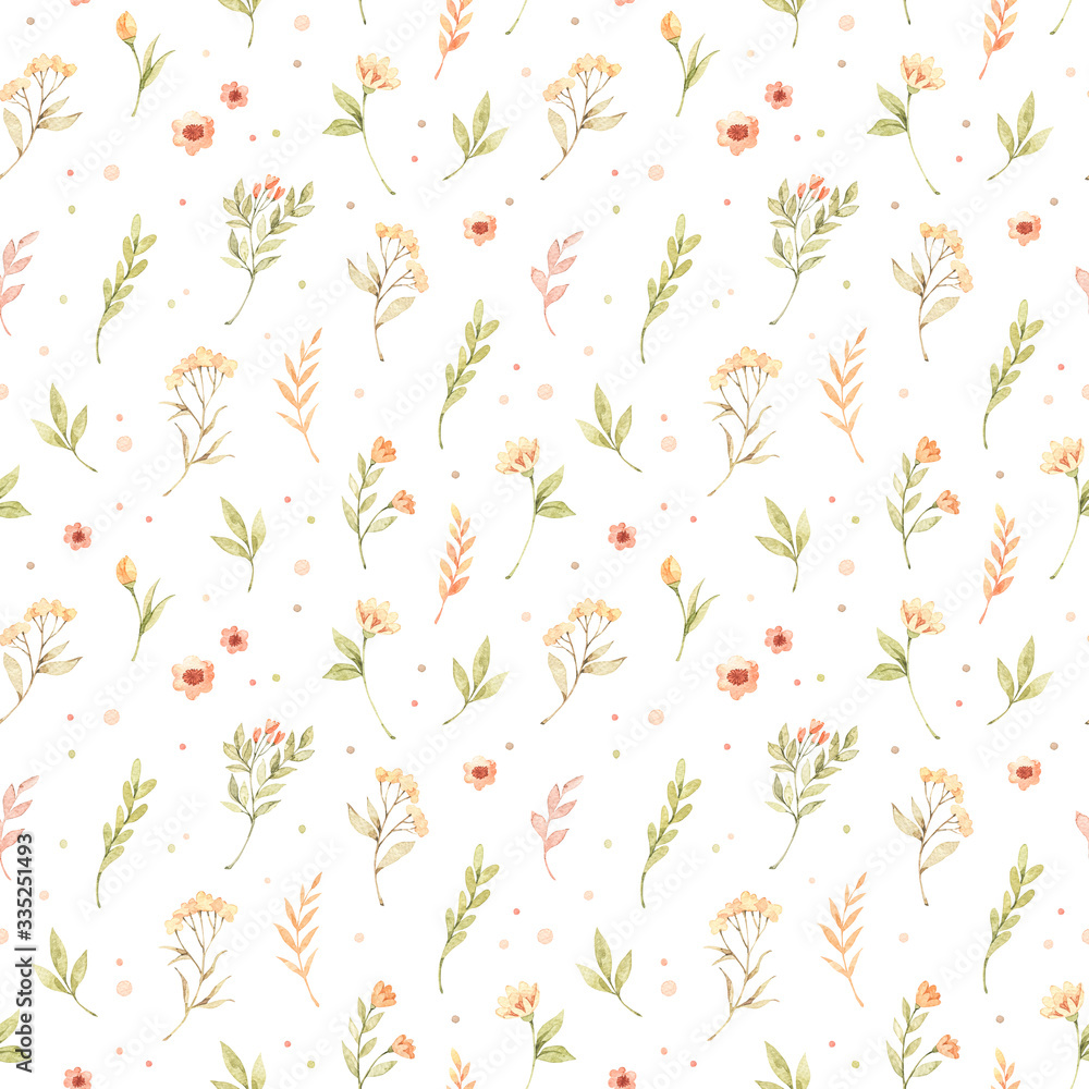 Botanical watercolor seamless pattern. Floral and colorful polka dot background. Cute design of flowers and leaves. Greenery. Perfect for textile, fabric, wrapping paper, linens, wallpaper etc