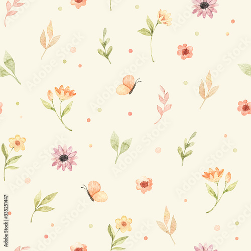 Wallpaper Mural Сhildren's watercolor seamless pattern. Floral and colorful polka dot background. Design of flowers, leaves, circles and butterfly. Perfect for textile, fabric, wrapping paper, linens, wallpaper etc Torontodigital.ca