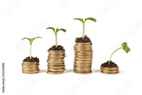 Strong and weak sprout on coins isolated on white background. Сoncept of global crisis, fall of dollar and economic problems. National financial market decline.