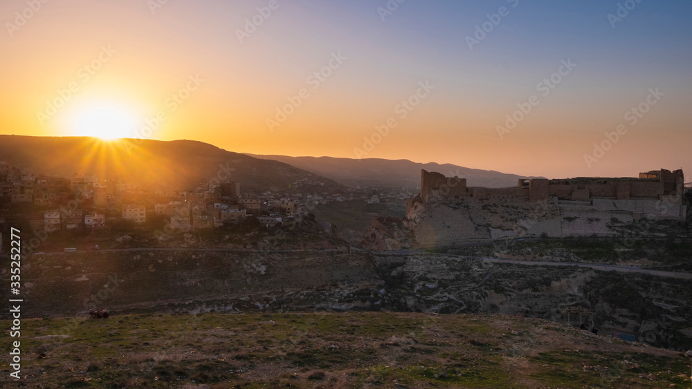 Kerak Castle,  crusader castle in Kerak (Al Karak) in Jordan evening view at Sunset