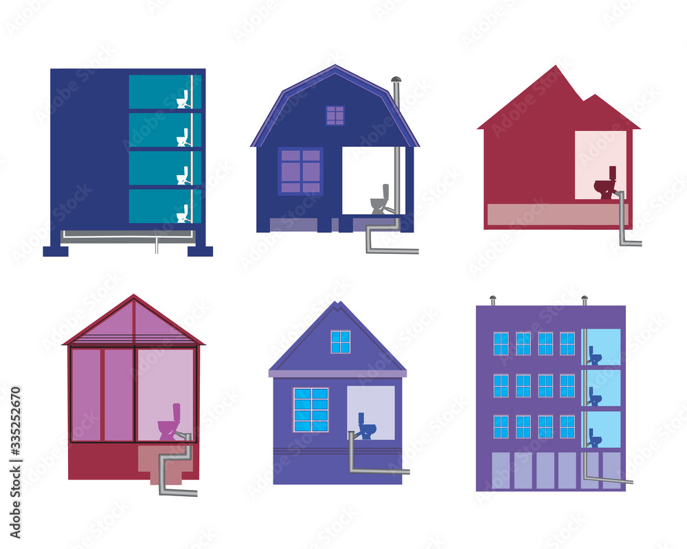 Set of buildings with toilets and pipes as a concept of sewage system in a country house or apartment building, flat vector stock illustration isolated on white background