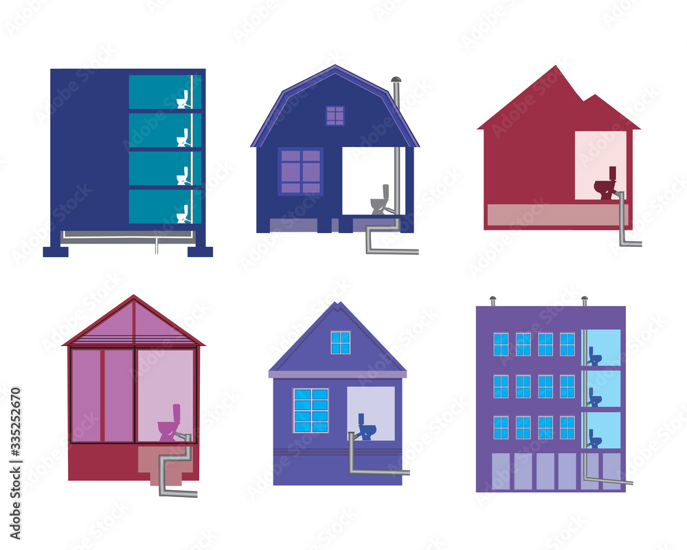 Set of buildings with toilets and pipes as a concept of sewage system in a country house or apartment building, flat vector stock illustration isolated on white background Set of buildings with toilets and pipes as a concept of sewage system in a country house or apartment building, flat vector stock illustration isolated on white background