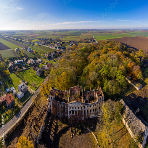 Castle ruin in Slawikau, Poland. Drone photography. photo