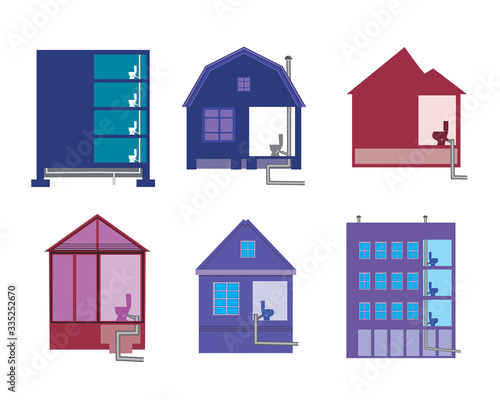 Set of buildings with toilets and pipes as a concept of sewage system in a country house or apartment building, flat vector stock illustration isolated on white background