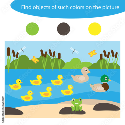 Find objects of same colors, pond life, game for children in cartoon style, education game for kids, preschool worksheet activity, task for the development of logical thinking, vector illustration