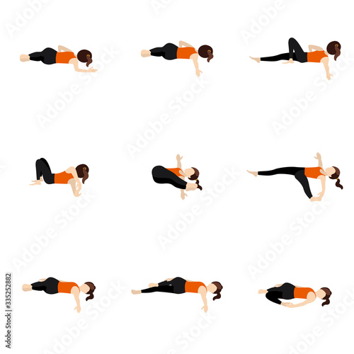 Spinal twist and shoulder stretching yoga asanas set/ Stylized woman practicing lying yoga postures