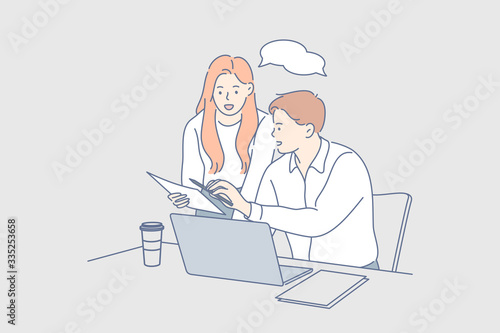 Coworking, team, training, discussion, business concept. Team young businesspeople businessman woman coworkers partners colleagues talking working together. Teamwork office meeting. Project discussion