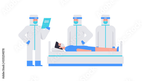 Doctors in a protective suit examine the patient. Team of doctors working together. working at clinic. Coronavirus COVID-19 virus. Flat Style