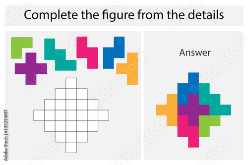 Puzzle game with colorful details for children, complete figure, middle level, education game for kids, preschool worksheet activity, task for the development of logical thinking, vector illustration